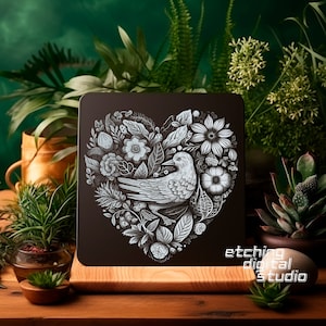 Bird Heart Floral PNG for CNC Laser Engrave, Laser Burn, Lightburn File, Slate Engraving, Digital Design PNG, Illusion Laser