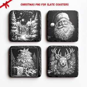 4 paquetes de tiempo de Navidad PNG para grabado láser CNC, quemadura láser, archivo Lightburn, posavasos de pizarra, Papá Noel, ciervo, árbol de Navidad, láser de ilusión