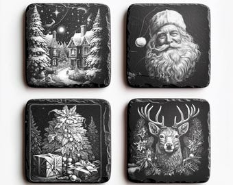 4 Bundle Christmas Time PNG for CNC Laser Engrave, Laser Burn, Lightburn File, Slate Coasters, Santa, Deer, Tree Xmas, Illusion Laser