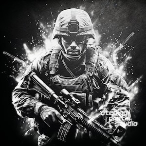 May include: A black and white illustration of a soldier in camouflage gear holding a rifle. The soldier is wearing a helmet and goggles. The background is a black and white abstract design.