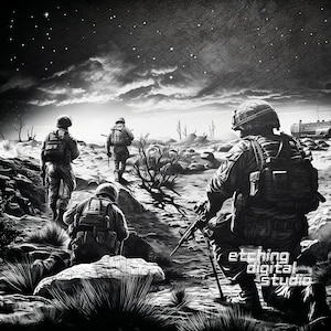 Op de afbeelding: Een zwart-witte illustratie van vier soldaten in een woestijnlandschap onder een sterrenhemel. De soldaten dragen militaire uniformen en dragen wapens. De scène doet denken aan een oorlogsgebied.