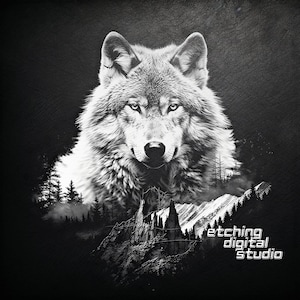 Wolf Mountain PNG für CNC-Lasergravur, Laserbrennen, Glowforge-Datei, Lightburn-Datei, Schiefergravur, digitales Design PNG, Illusionslaser