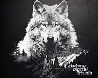 May include: Black and white digital illustration of a wolf's head with a mountain range and forest in the background. The text "etching digital studio" is at the bottom of the image.