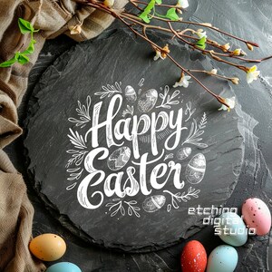 Frohe Ostern, Lasergravurdatei, Schieferuntersetzer graviert, CNC-Projekte, herunterladbare Drucke, Osterhase, kunstvoller Osterdruck