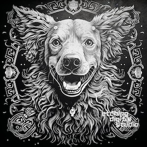 May include: Black and white illustration of a dog with curly fur, looking directly at the viewer with its mouth open in a smile. The dog is surrounded by a decorative border.