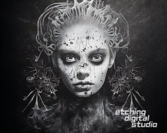 May include: Black and white digital art of a woman's face with a crown of thorns and a grunge aesthetic. The text "etching digital studio" is at the bottom of the image.