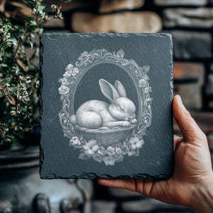 Lapin de Pâques mignon PNG | Dessous de verre en ardoise gravés | Gravure sur ardoise | Décoration d'intérieur DIY | Fichier de gravure laser | Fichiers de routeur CNC