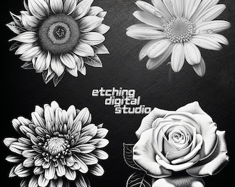 4 Bundle Flowers PNG for CNC Laser Engrave, Laser Burn, Glowforge File, Lightburn File, Slate Engraving, Design PNG, Illusion Laser