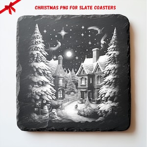 Weihnachtsdorf PNG für CNC-Lasergravur, Laserbrennen, Stree Xmas, Lightburn-Datei, Schieferuntersetzer, digitales Design PNG, Illusionslaser