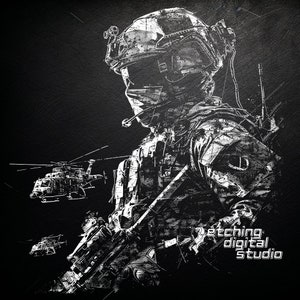 May include: A black and white digital illustration of a soldier in a helmet and tactical gear, holding a rifle. The soldier is standing in front of a helicopter. The image is stylized with a grunge effect and the text "etching digital studio" is visible in the bottom right corner.