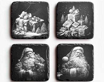 CNC レーザー彫刻、レーザー書き込み、クリスマス、ライトバーン ファイル、スレート コースター、ツリー クリスマス、イリュージョン レーザー用の 4 バンドル サンタ クロースとギフト PNG