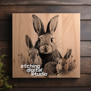 Konijnenfamilie PNG voor CNC-lasergravering, laserbranden, Glowforge-bestand, Lightburn-bestand, houtgravering, digitaal ontwerp PNG, illusielaser