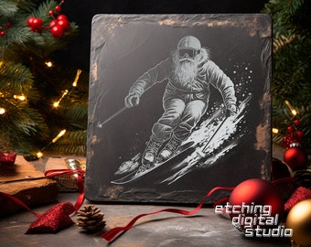 PNG de Papá Noel esquiando en la nieve para grabado láser CNC, quemado láser, archivo Glowforge, archivo Lightburn, grabado en pizarra, diseño digital PNG, láser de ilusión