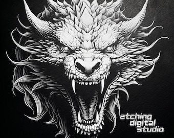 Dragon PNG do grawerowania laserowego CNC, wypalania laserowego, pliku Glowforge, pliku Lightburn, podstawek z łupka, cyfrowego projektu PNG, iluzji laserowej