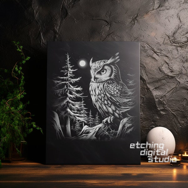 Owl Forest Night PNG pour gravure laser CNC, gravure laser, fichier Glowforge, fichier Lightburn, gravure sur ardoise, conception numérique PNG, laser illusion