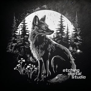 Fox Forest PNG pour gravure laser CNC, gravure laser, fichier Glowforge, fichier Lightburn, gravure sur ardoise, conception numérique PNG, laser illusion
