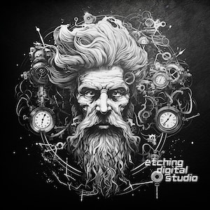 May include: Black and white illustration of a man with a long beard and a clock face in the background. The image is surrounded by intricate details and the text "etching digital studio" is at the bottom.