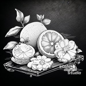 Pode incluir: Ilustração em preto e branco de limões e flores sobre um fundo preto. Os limões estão cortados em fatias e inteiros. As flores são estilizadas e têm um design delicado. O texto "etching digital studio" está na parte inferior da imagem.