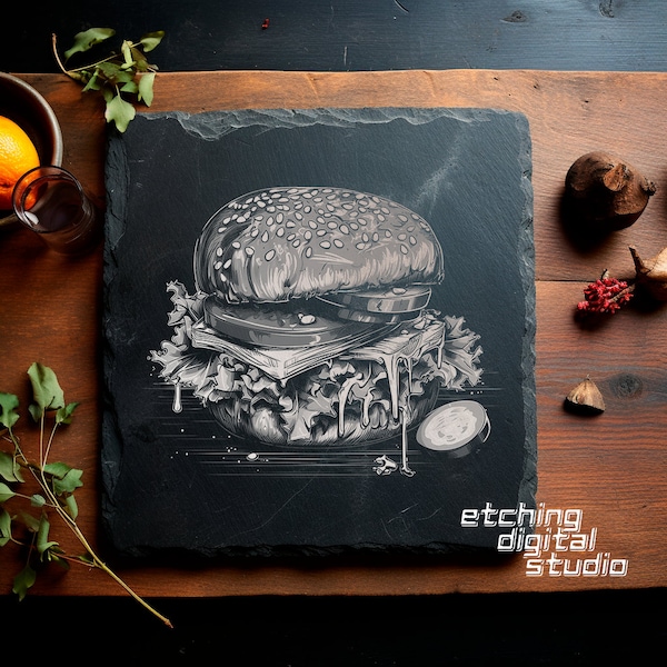 Burger PNG pour CNC Laser Engrave, Laser Burn, Glowforge, Charcuterie, Planche à découper, Planche à découper, Digital Design PNG, Illusion Laser