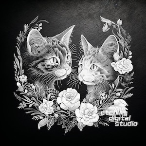 Chats floraux PNG pour gravure laser CNC, gravure laser, fichier Glowforge, brûlure lumineuse, dessous de verre en ardoise, routeur CNC, laser illusion, conception de gravure