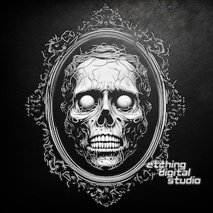 Może przedstawiać: Czarno-biała ilustracja czaszki w ozdobnej ramie. Czaszka ma szczegółowy, fakturowany wygląd z widocznymi żyłami. Tekst "etching digital studio" znajduje się na dole obrazu.