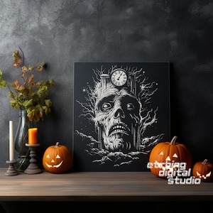 May include: Black and white illustration of a spooky, skeletal face with a clock tower on top of its head. The face is surrounded by a dark, swirling background.