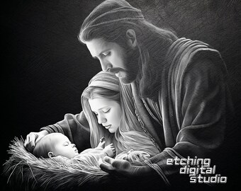 May include: A black and white drawing of a family with a mother, father, and a baby. The father is looking down at the baby, while the mother is looking at the baby with a loving expression. The baby is lying in a crib, wrapped in a blanket. The drawing is done in a realistic style and has a soft, gentle feel.