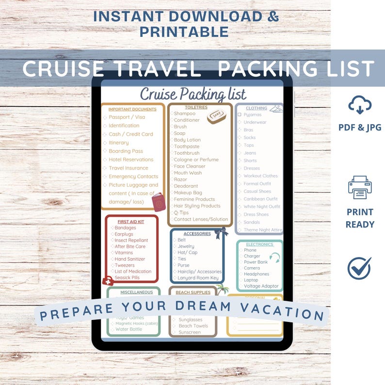 Cruising Packing List – Vacation Planner Template (printable PDF) Royal