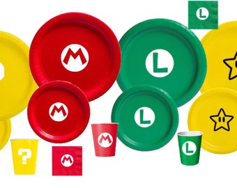 Custom Mario Birthday Party Paper Plates for Boys and Girls, Gamer Birthday Party Decorations, Party Tableware Kit for 16