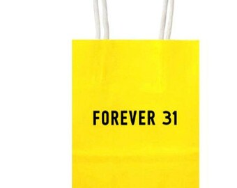 Custom Age Birthday party gift Yellow Fashion Favor Gift Bag set: Forever 31, Forever 51, Forever 41 party favor gift bags, Set of 12