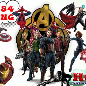 Peut inclure: Un groupe de super-héros de l'univers Marvel, dont Iron Man, Captain America, Thor, Spider-Man, Black Widow, et plus encore. L'image présente le logo des Avengers en arrière-plan. 254 PNG.