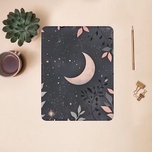 May include: A dark blue background with a pink crescent moon and white and pink floral designs. The background is covered in small white stars.