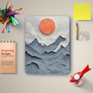 May include: A digital illustration of a mountain range with a large red sun in the sky. The mountains are a light blue and white color, and the sky is a light blue color. The image is on a white background.