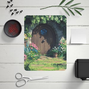 May include: A whimsical illustration of a round wooden door with a small window, set in a stone archway. Lush green vines and colorful flowers surround the entrance, creating a magical and inviting scene.