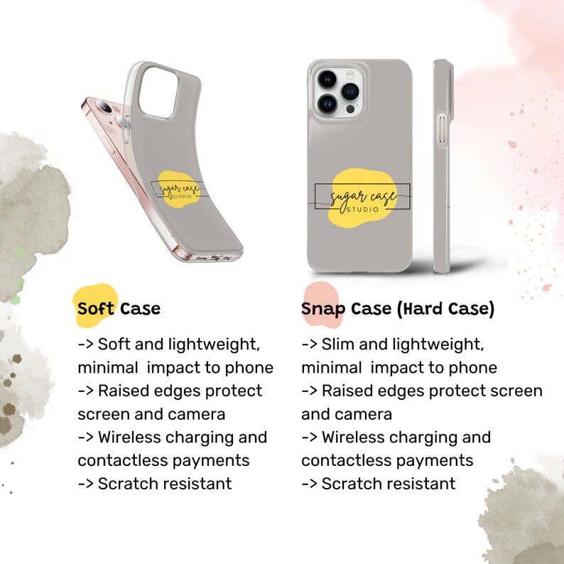May include: Two phone cases, one soft and one hard, with the text "Sugar Case Studio" on them. Both cases are gray and have a raised edge to protect the screen and camera.