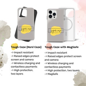 May include: Two phone cases with a gray background. The case on the left is a tough case with a black border. The case on the right is a tough case with MagSafe and a clear ring on the back. Both cases have a yellow logo that says "Sugar Case Studio".