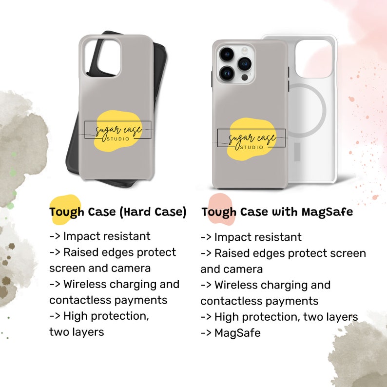 May include: Two phone cases with a gray background. The case on the left is a tough case with a black border. The case on the right is a tough case with MagSafe and a clear ring on the back. Both cases have a yellow logo that says "Sugar Case Studio".