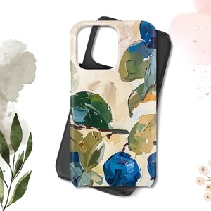 May include: A phone case with a colorful abstract floral design featuring blue, green, and beige tones. The case has a cutout for the camera lens.
