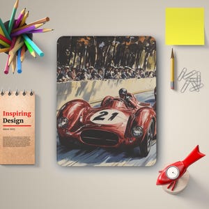 May include: A vintage illustration of a red race car with the number 21 on the side, speeding down a track. The car is surrounded by spectators and trees.