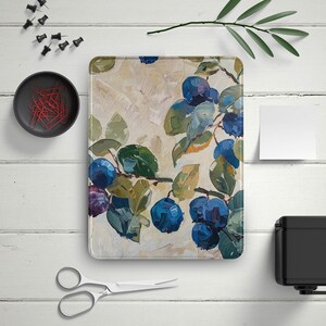 May include: A painting of a branch of blue plums with green leaves on a white background. The painting is done in a loose, impressionistic style.