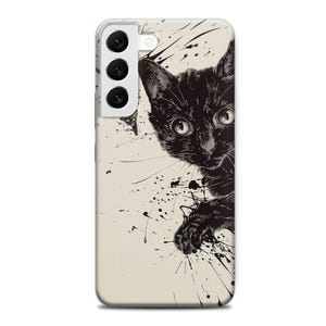 May include: A black and white phone case with a black cat peeking out from behind a splatter of black paint.