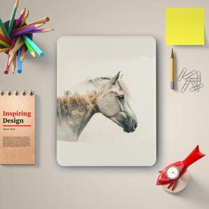 May include: A white horse with a brown and green forest overlay, creating a double exposure effect. The horse is looking to the right, with its head tilted slightly down. The background is a light beige color.