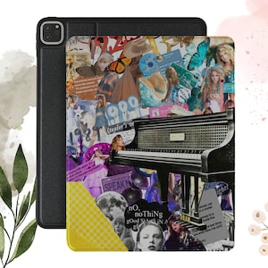 May include: A collage of images featuring a black piano, a butterfly, a woman with blonde hair, and the text "taylor's version". The collage is on a yellow background with a black and white pattern.