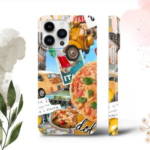 May include: A white iPhone case with a collage of Italian-themed images, including a Vespa scooter, pizza, a Fiat car, and the words "TA è ragione A è PASTA." and "dolce vita combinati MAGI".
