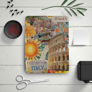 May include: A colorful collage featuring images of Italy, including the Colosseum, a sun, lemons, and a cityscape. The text "I don't need therapy I just need to go to ITALY" is printed on the bottom of the collage.