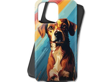 May include: A phone case with a colorful abstract design featuring a brown and white dog with a blue background.