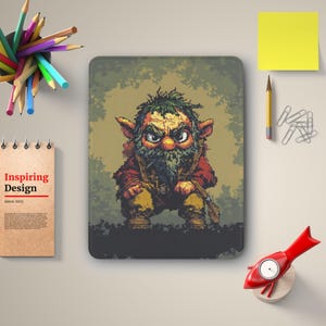 May include: A pixelated illustration of a green-skinned gnome with a bushy beard, wearing a brown tunic and pants. The gnome is standing in a forest setting with a dark green background.