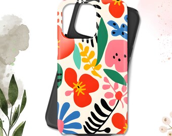 May include: A white phone case with a colorful floral pattern. The case features red, pink, yellow, blue, and green flowers and leaves.