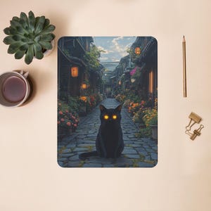 May include: A black cat with glowing yellow eyes sits in the middle of a cobblestone alleyway. The alleyway is lined with traditional Japanese buildings and lush greenery.