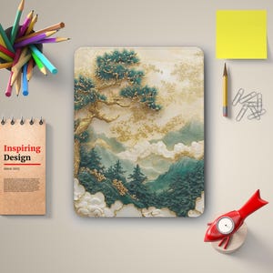 May include: A digital illustration of a stylized landscape with a golden pine tree, green mountains, and white clouds. The background is a light beige color with gold accents.